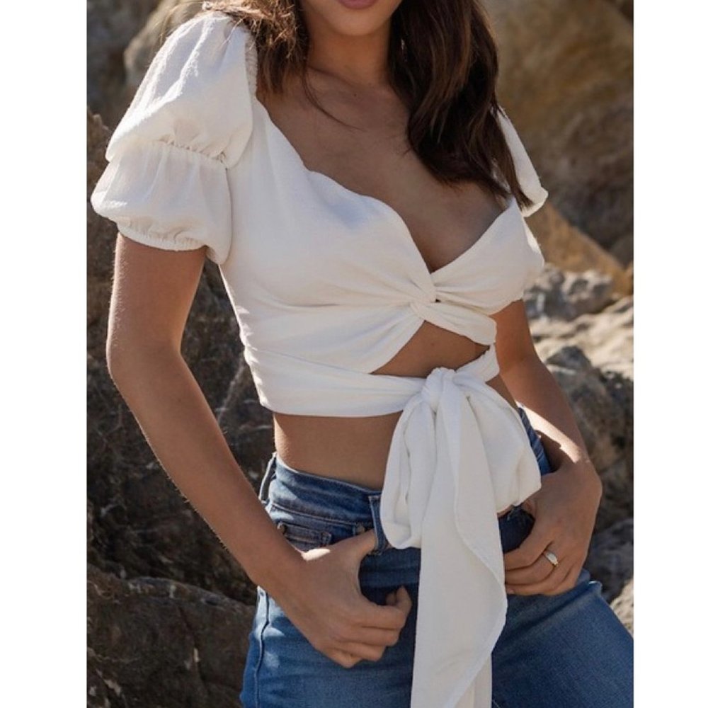 Snow Bird Tie Front Top Puff Sleeve White